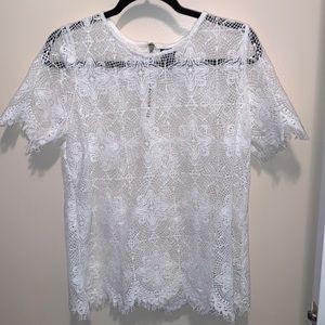 Laced top, little stretch. Off white, no flaws, zipper on back